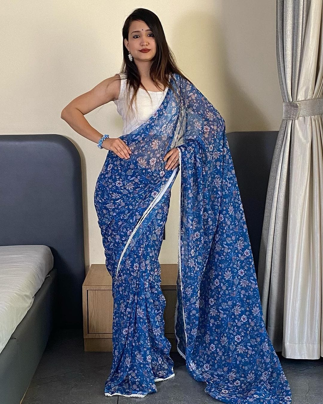 Celestia One Minute Ready To Wear Blue Georgette Saree