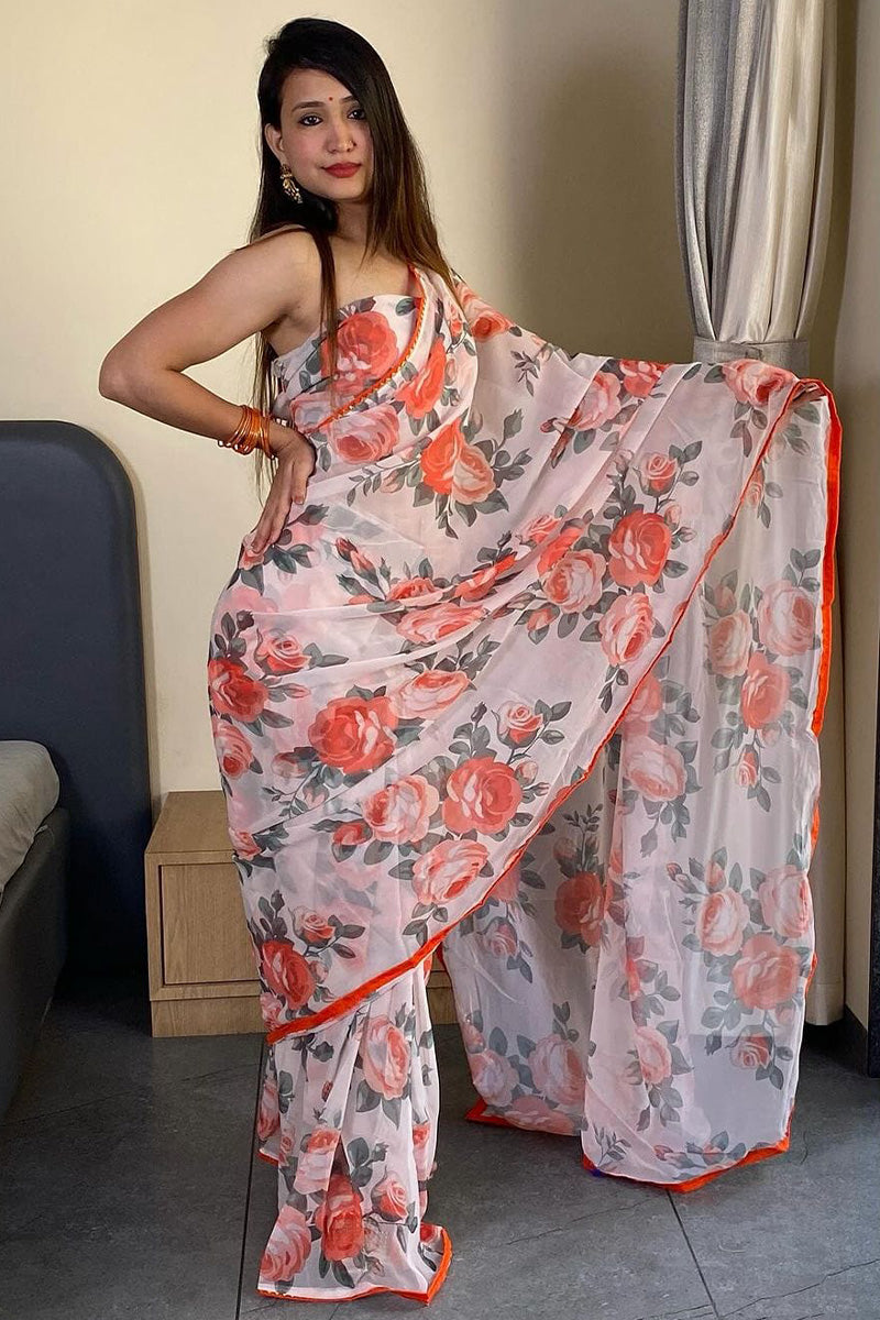 Floriva One Minute Ready To Wear White Georgette Saree