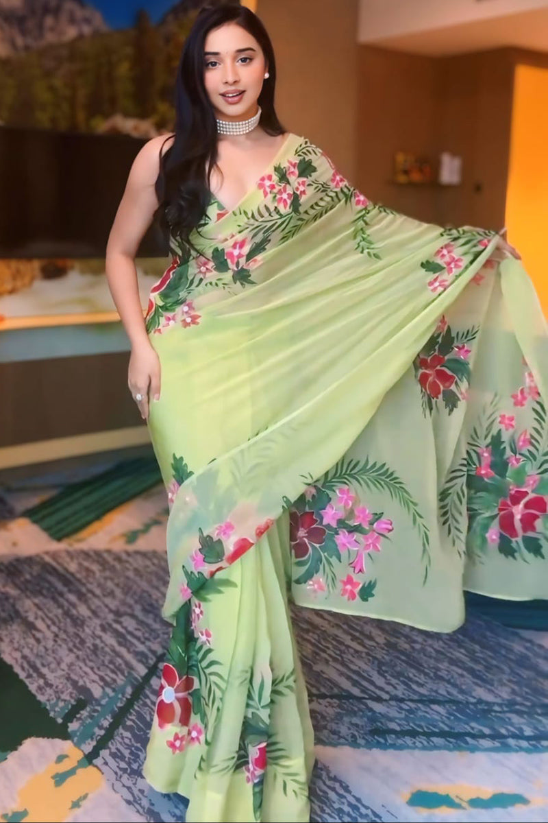 Glowella One Minute Ready To Wear Pistachio Georgette Saree