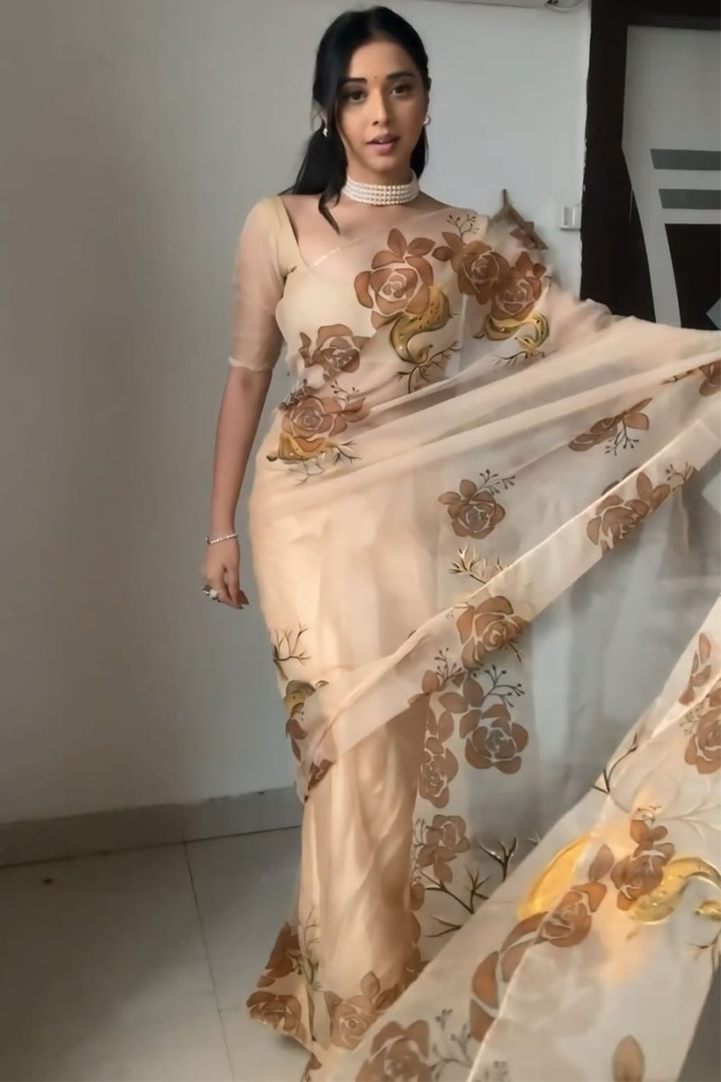 Glorious One Minute Ready To Wear Beige Organza Saree