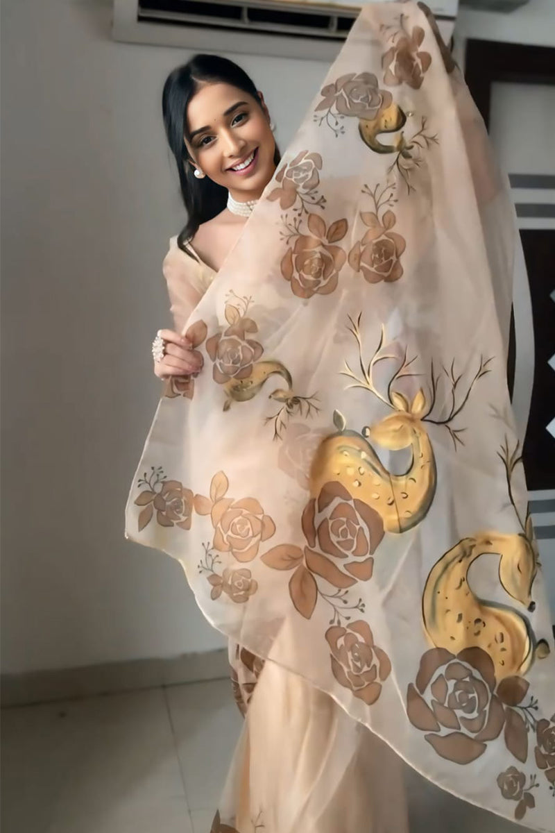 Glorious One Minute Ready To Wear Beige Organza Saree