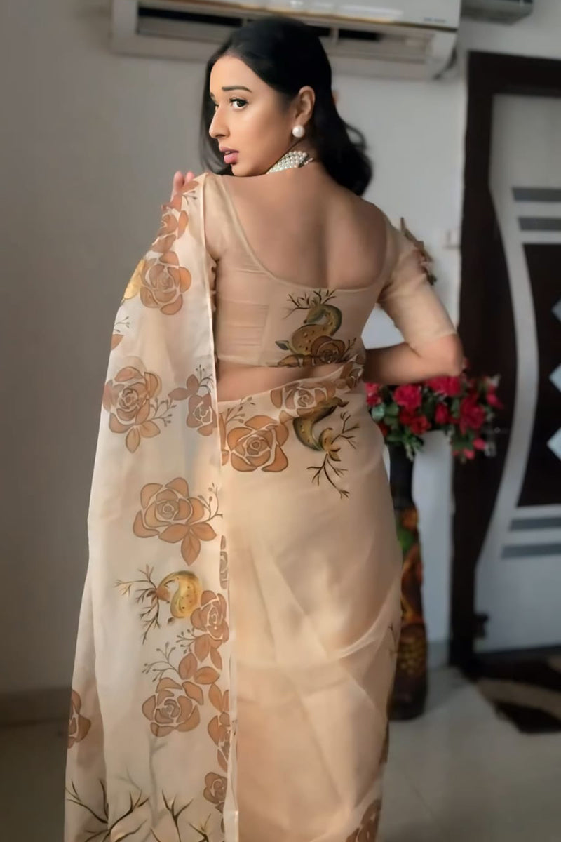 Glorious One Minute Ready To Wear Beige Organza Saree