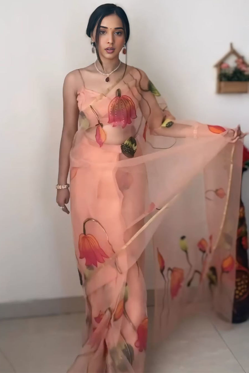 Mistlight One Minute Ready To Wear Peach Organza Saree