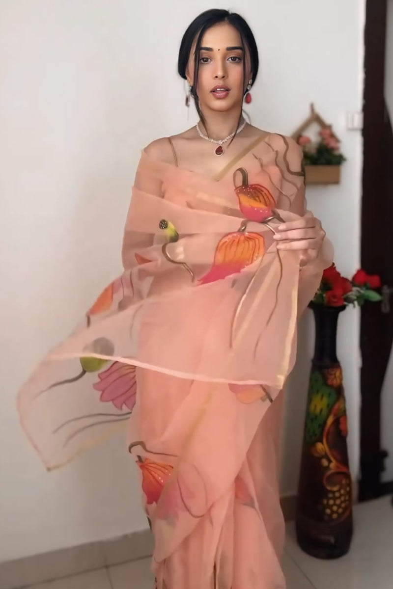 Mistlight One Minute Ready To Wear Peach Organza Saree