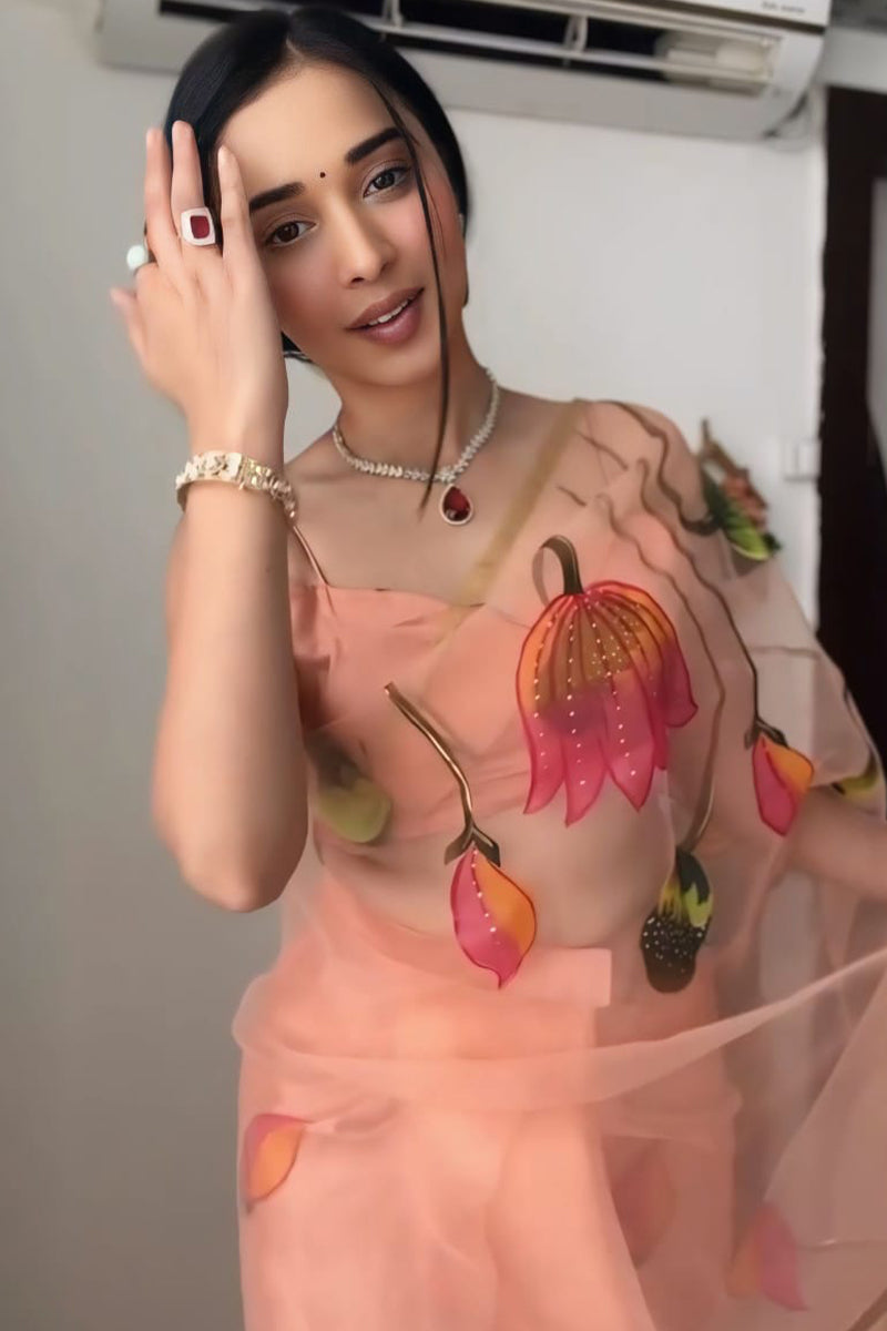 Mistlight One Minute Ready To Wear Peach Organza Saree