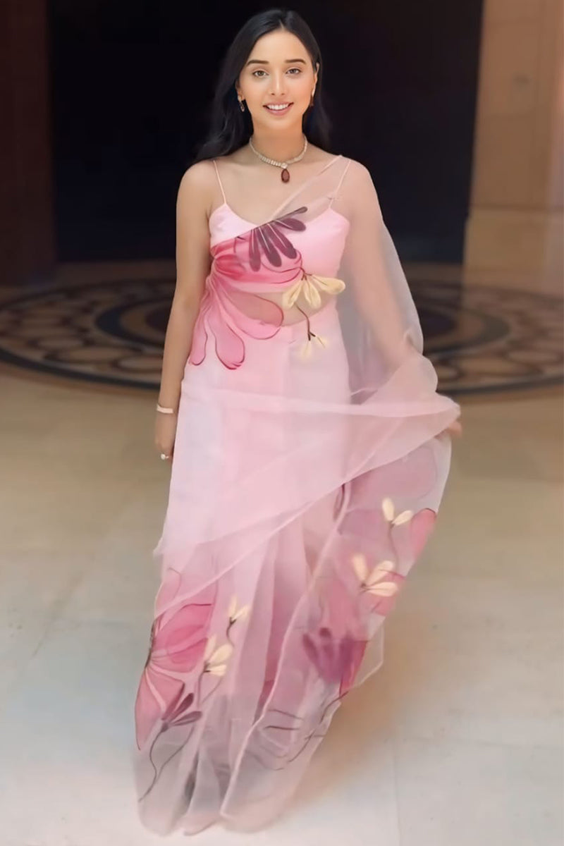 Flourish One Minute Ready To Wear Baby Pink Organza Saree