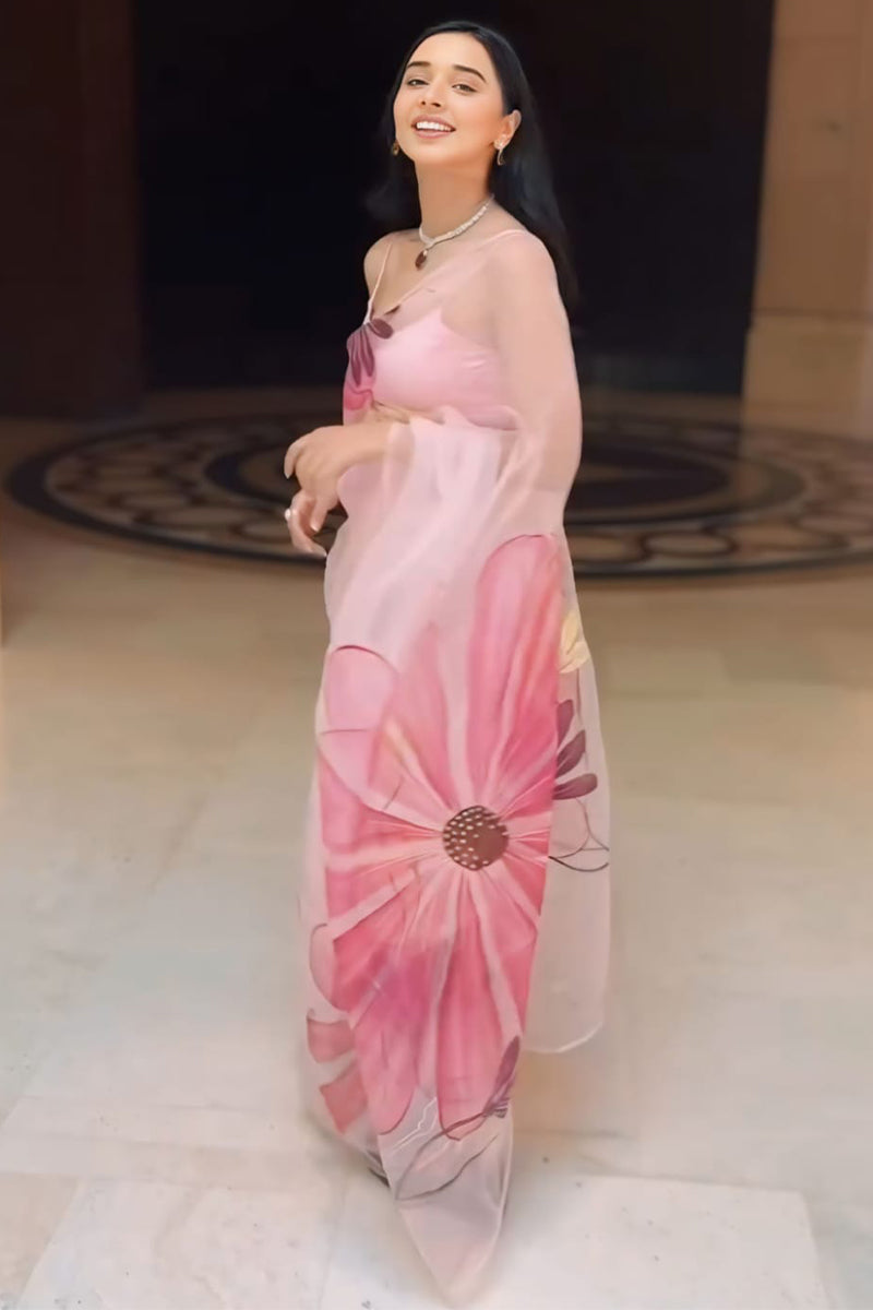 Flourish One Minute Ready To Wear Baby Pink Organza Saree