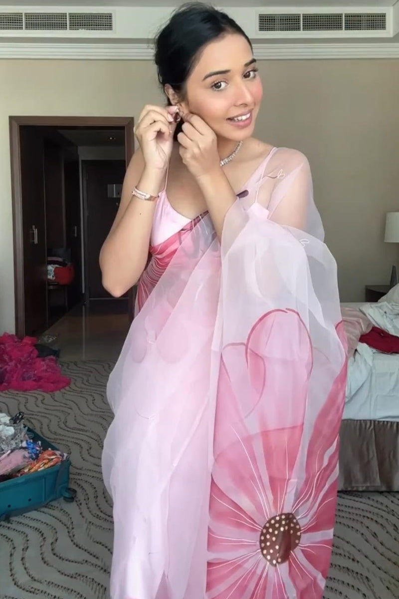 Flourish One Minute Ready To Wear Baby Pink Organza Saree