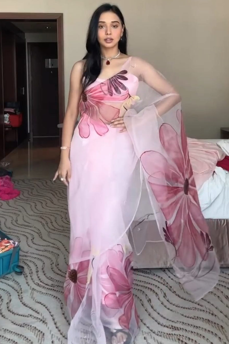 Flourish One Minute Ready To Wear Baby Pink Organza Saree