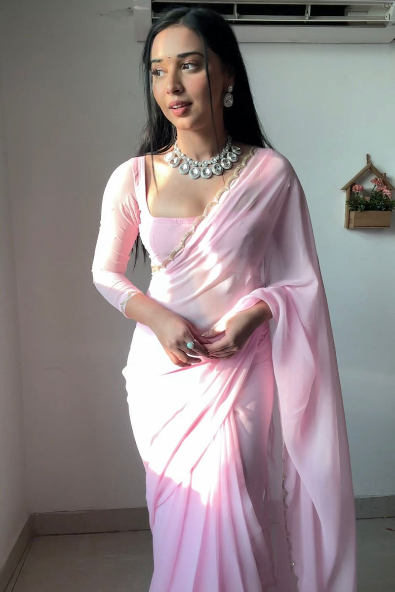 Blushed One Minute Ready To Wear Baby Pink Georgette Saree