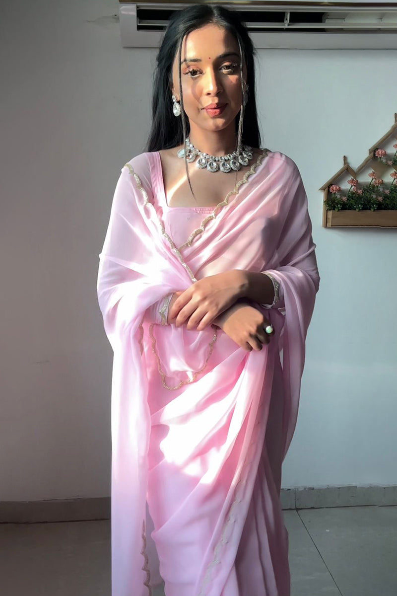 Blushed One Minute Ready To Wear Baby Pink Georgette Saree