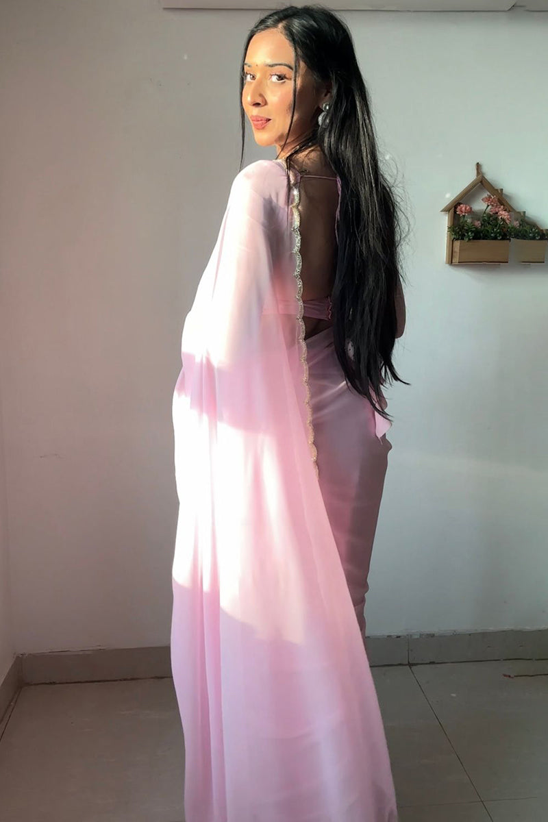 Blushed One Minute Ready To Wear Baby Pink Georgette Saree