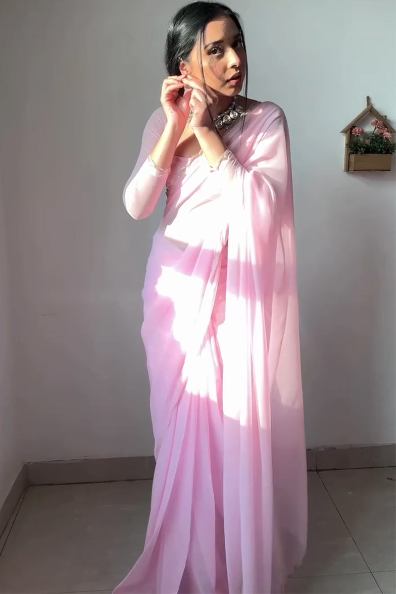 Blushed One Minute Ready To Wear Baby Pink Georgette Saree