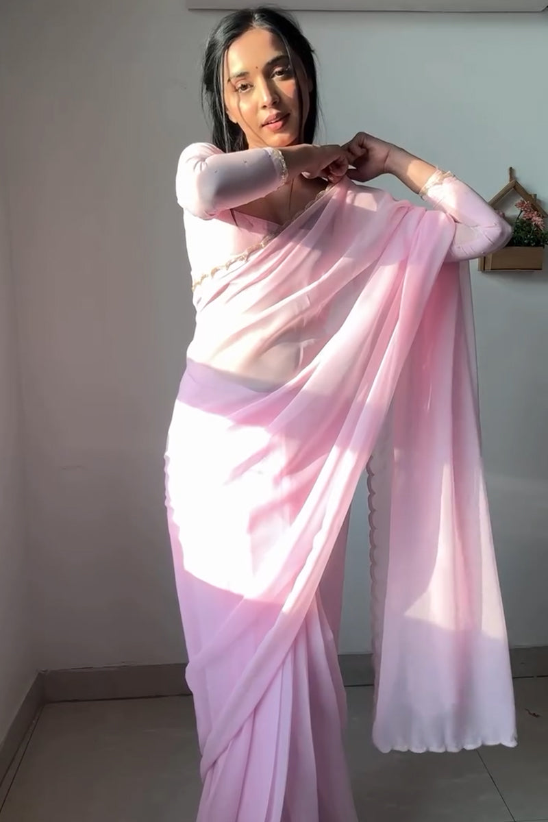 Blushed One Minute Ready To Wear Baby Pink Georgette Saree