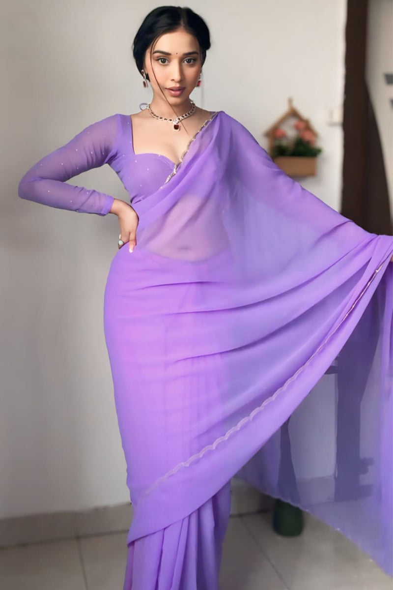 Lushful One Minute Ready To Wear Lavender Georgette Saree