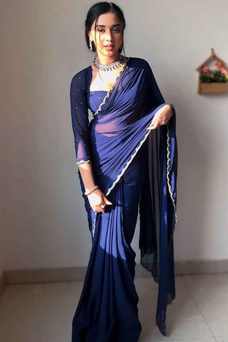 Whimsy One Minute Ready To Wear Navy Blue Georgette Saree