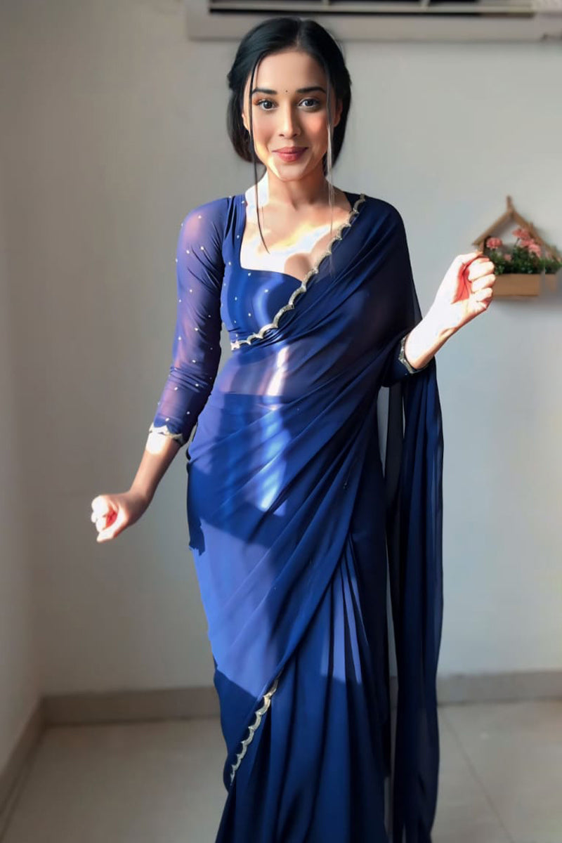 Whimsy One Minute Ready To Wear Navy Blue Georgette Saree