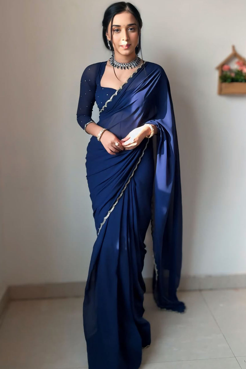 Whimsy One Minute Ready To Wear Navy Blue Georgette Saree