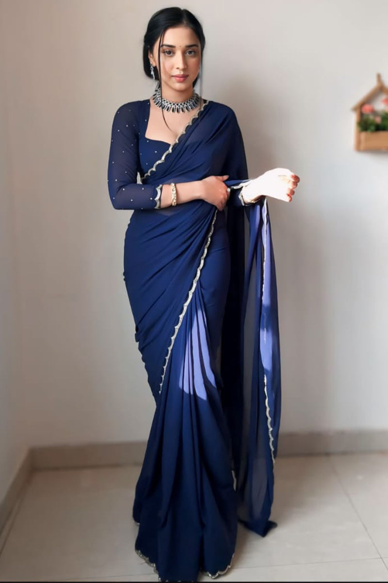 Whimsy One Minute Ready To Wear Navy Blue Georgette Saree