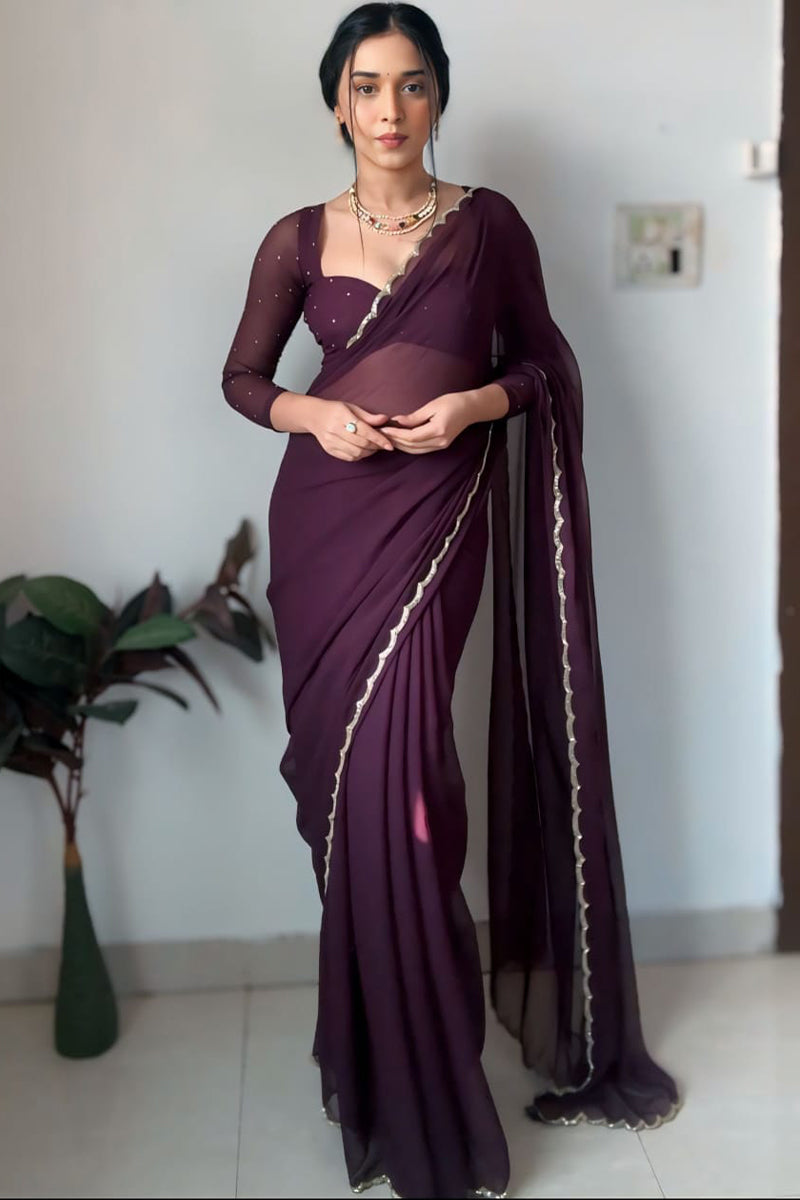 Pearled One Minute Ready To Wear Purple Georgette Saree