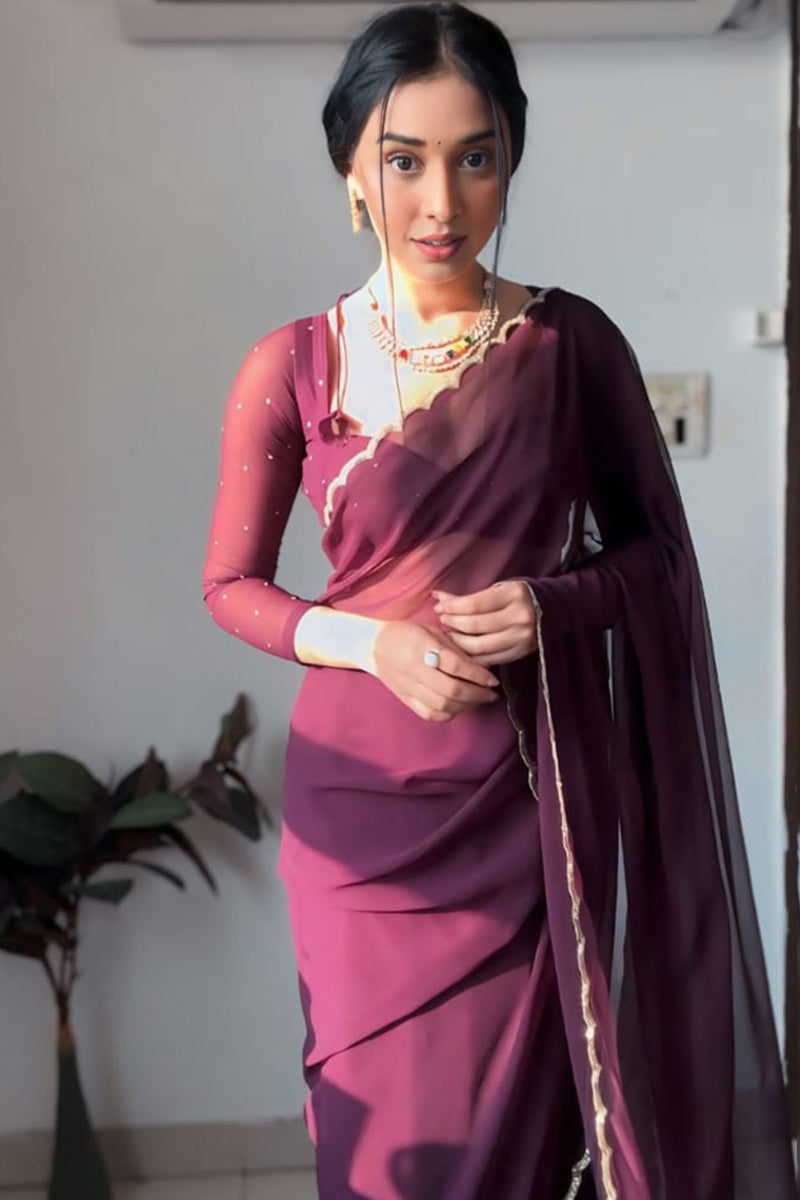 Pearled One Minute Ready To Wear Purple Georgette Saree