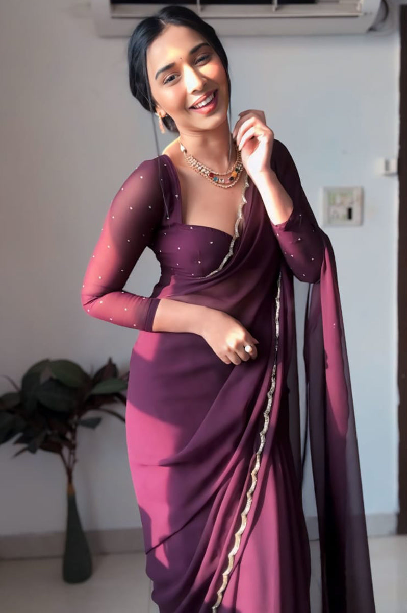 Pearled One Minute Ready To Wear Purple Georgette Saree