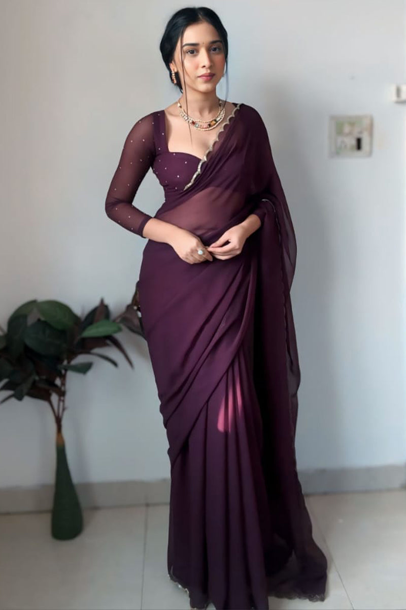 Pearled One Minute Ready To Wear Purple Georgette Saree