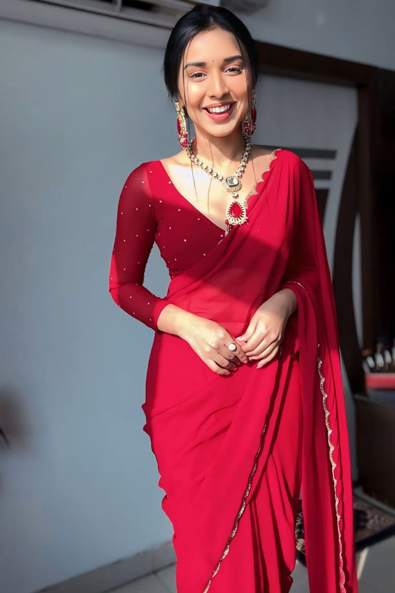 Bloomlet One Minute Ready To Wear Red Georgette Saree