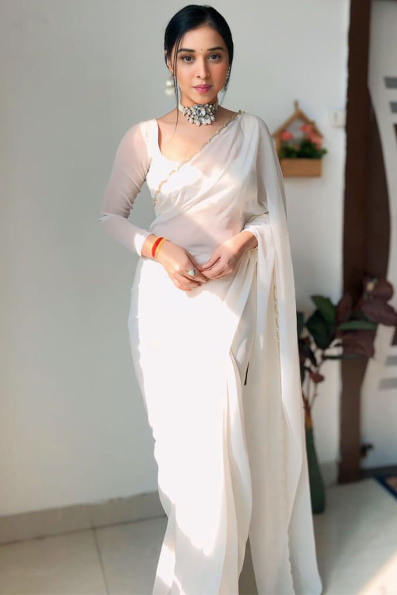 Dove One Minute Ready To Wear White Georgette Saree