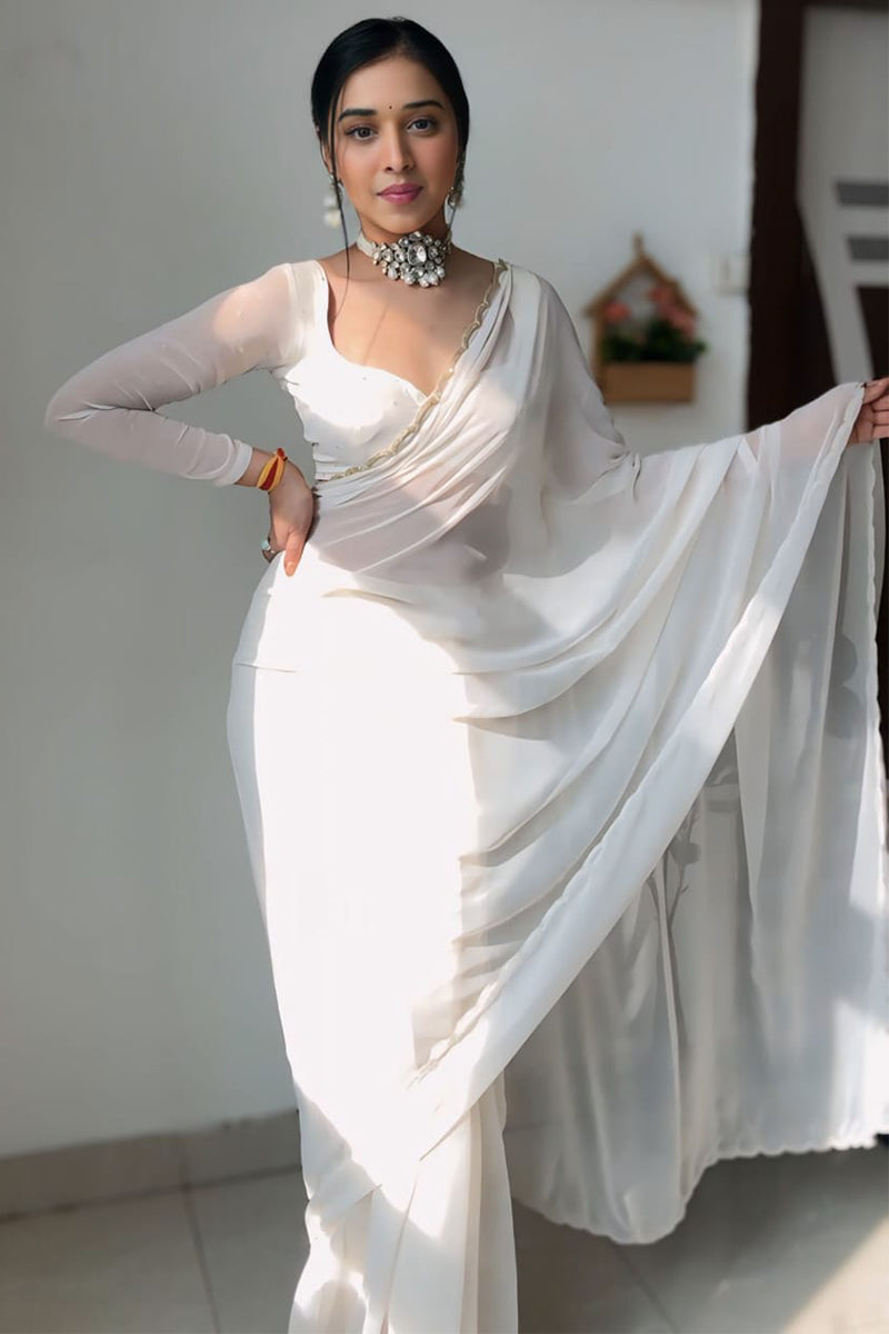 Dove One Minute Ready To Wear White Georgette Saree