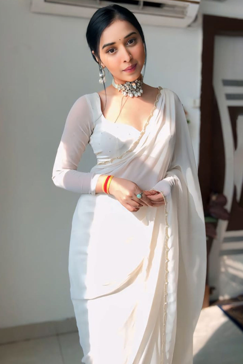 Dove One Minute Ready To Wear White Georgette Saree