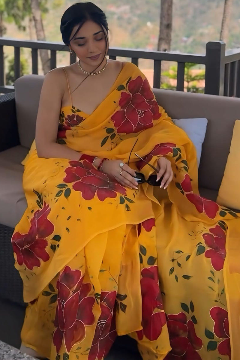 Captivating One Minute Ready To Wear Yellow Georgette Saree