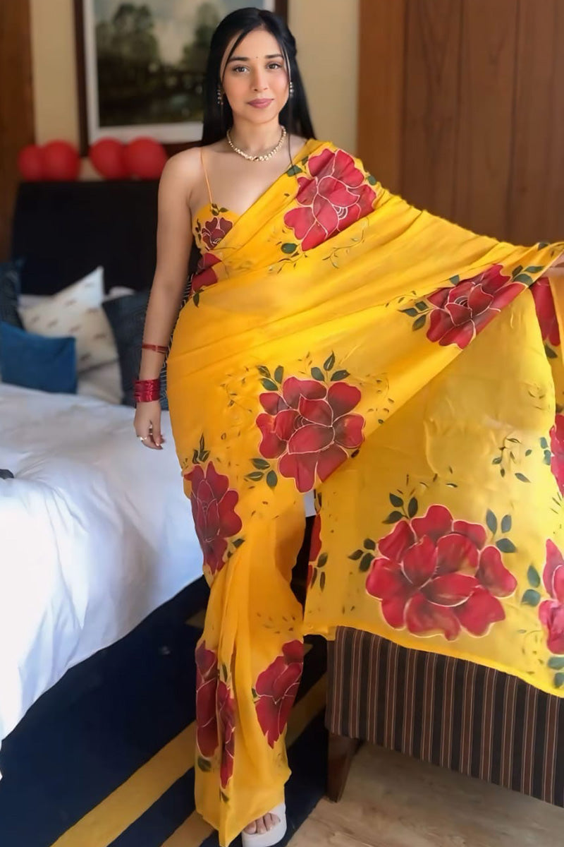 Captivating One Minute Ready To Wear Yellow Georgette Saree