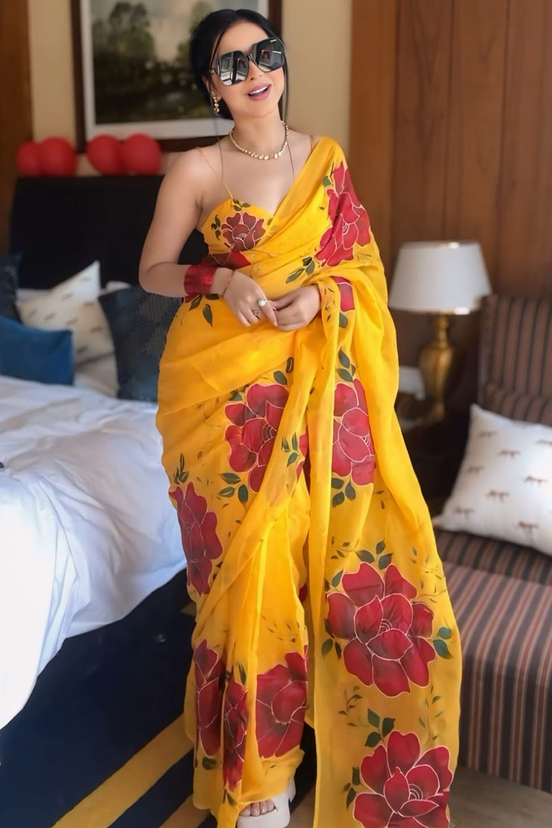 Captivating One Minute Ready To Wear Yellow Georgette Saree