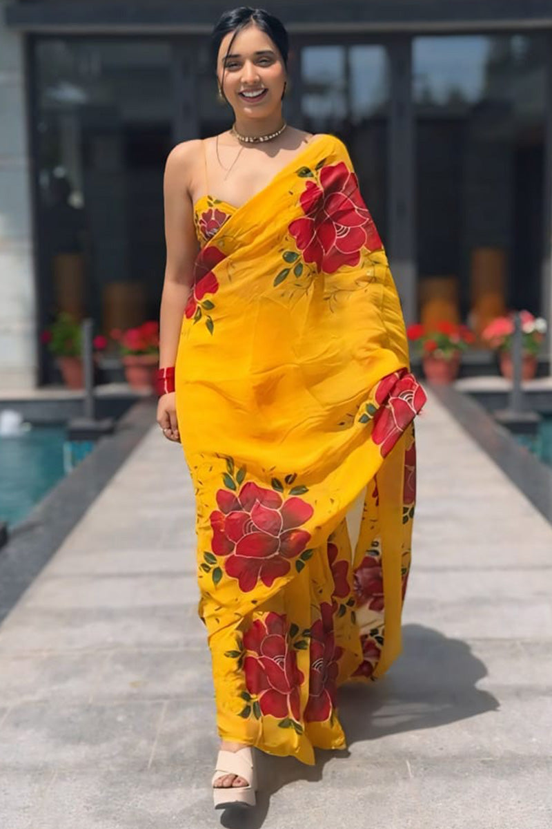 Captivating One Minute Ready To Wear Yellow Georgette Saree