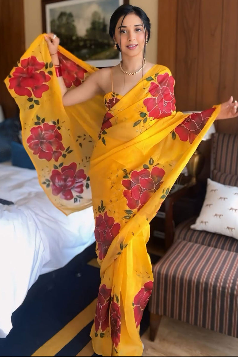 Captivating One Minute Ready To Wear Yellow Georgette Saree