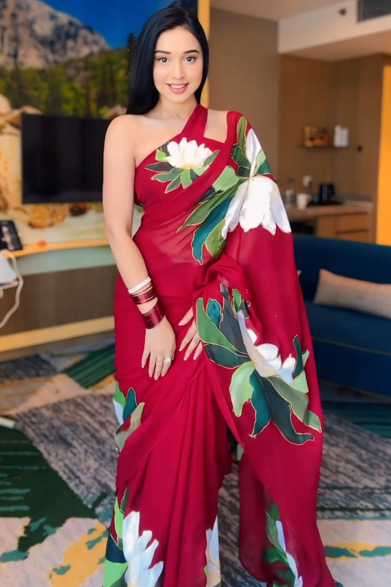 Beauteous One Minute Ready To Wear Red Georgette Saree