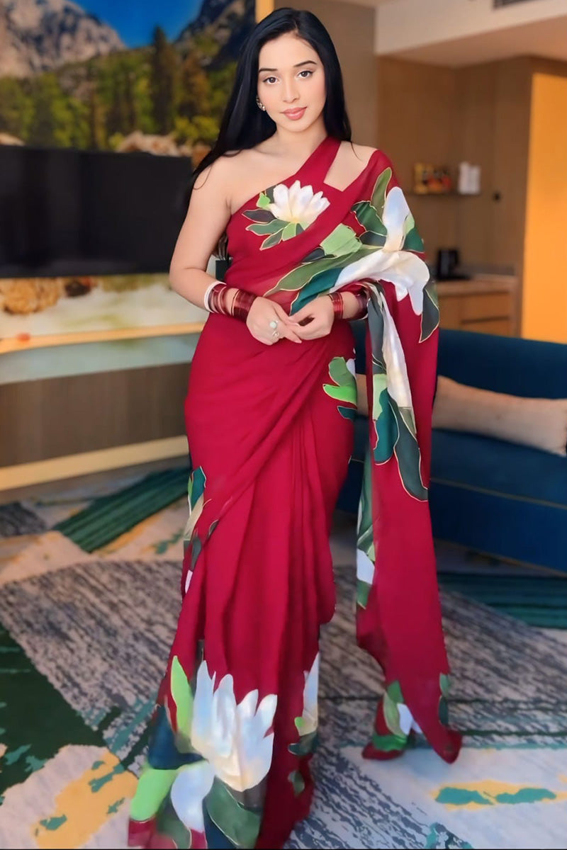 Beauteous One Minute Ready To Wear Red Georgette Saree