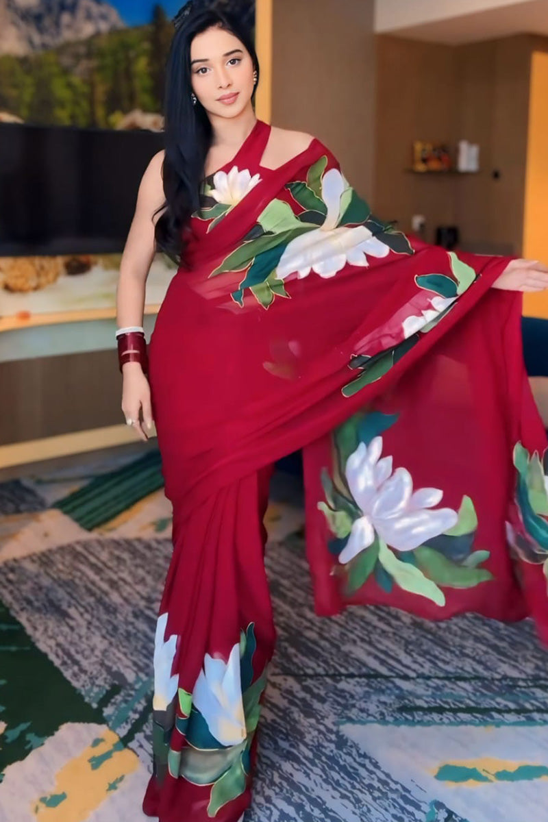 Beauteous One Minute Ready To Wear Red Georgette Saree