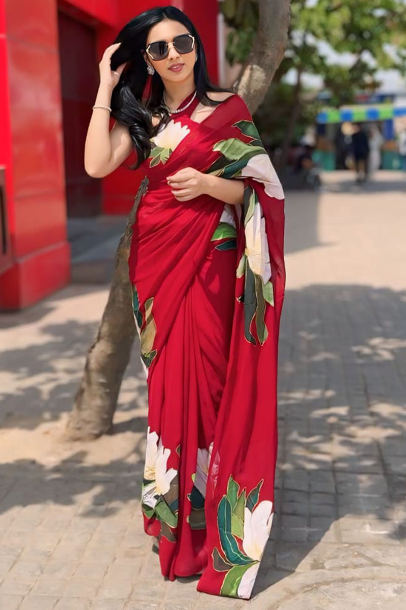 Beauteous One Minute Ready To Wear Red Georgette Saree