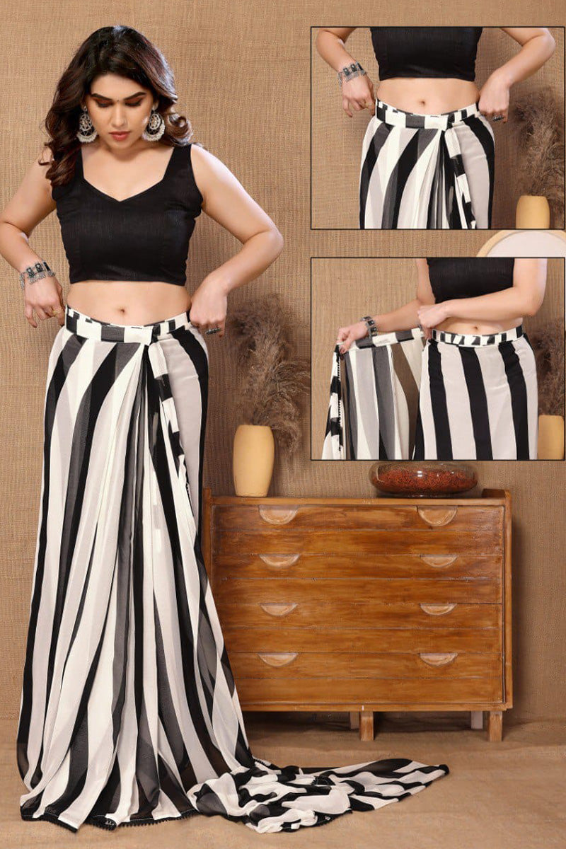 Captivate One Minute Ready To Wear White And Black Georgette Saree