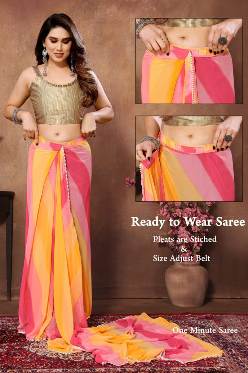 Tranquil One Minute Ready To Wear Yellow And Pink Georgette Saree