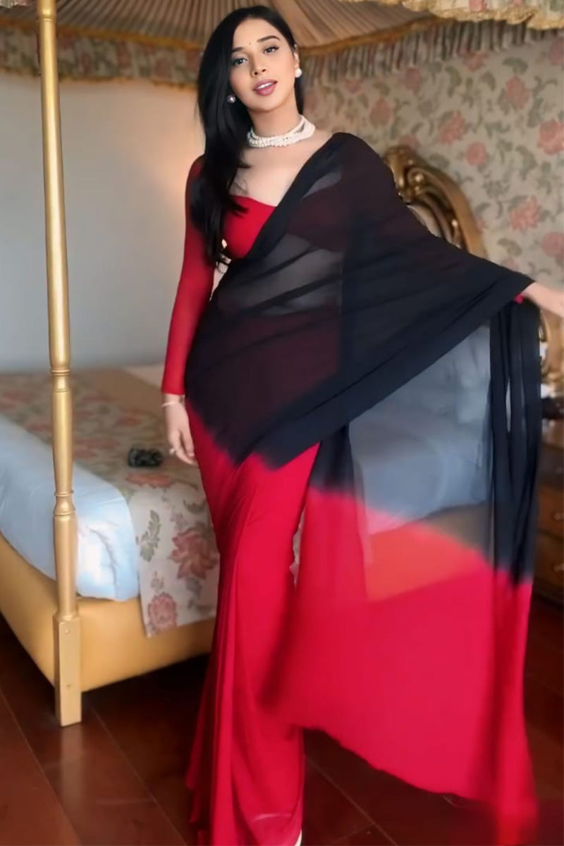 Ravishing One Minute Ready To Wear Red And Black Georgette Saree