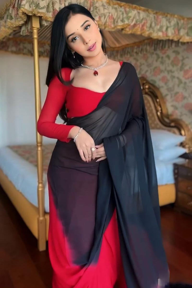 Ravishing One Minute Ready To Wear Red And Black Georgette Saree