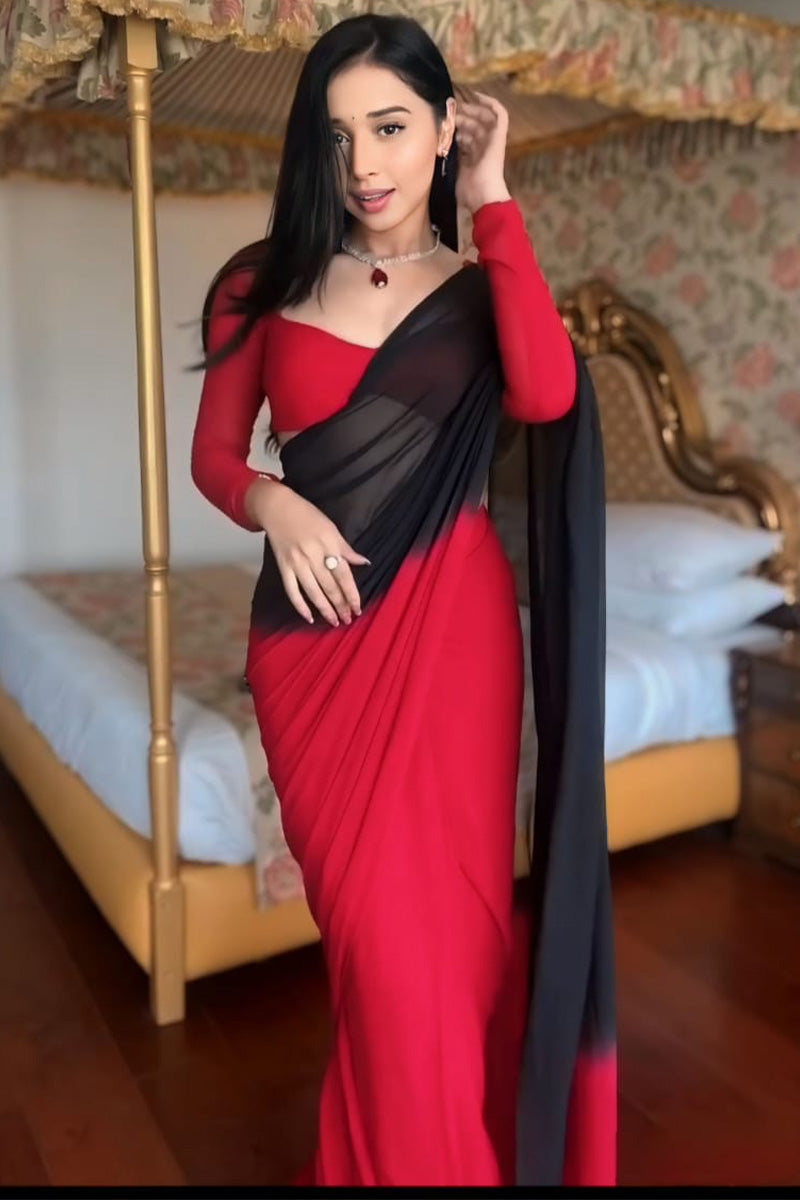 Ravishing One Minute Ready To Wear Red And Black Georgette Saree