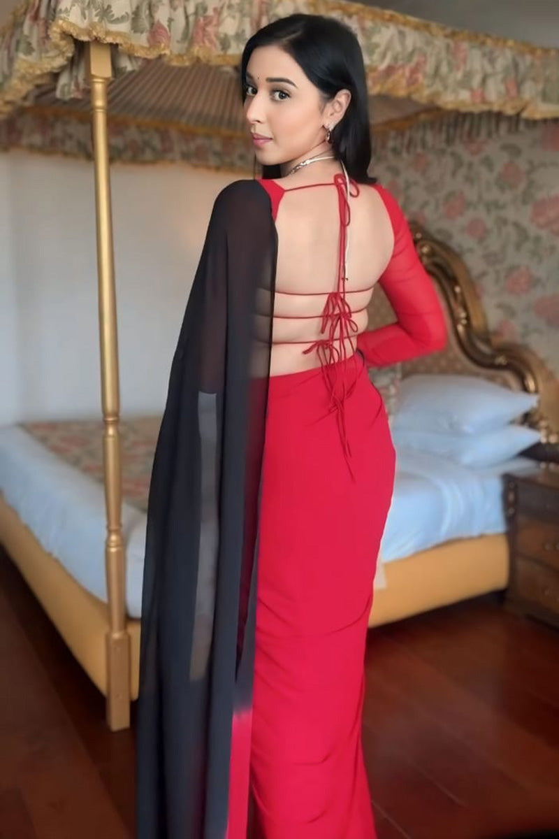 Ravishing One Minute Ready To Wear Red And Black Georgette Saree