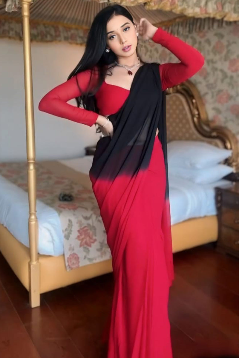 Ravishing One Minute Ready To Wear Red And Black Georgette Saree