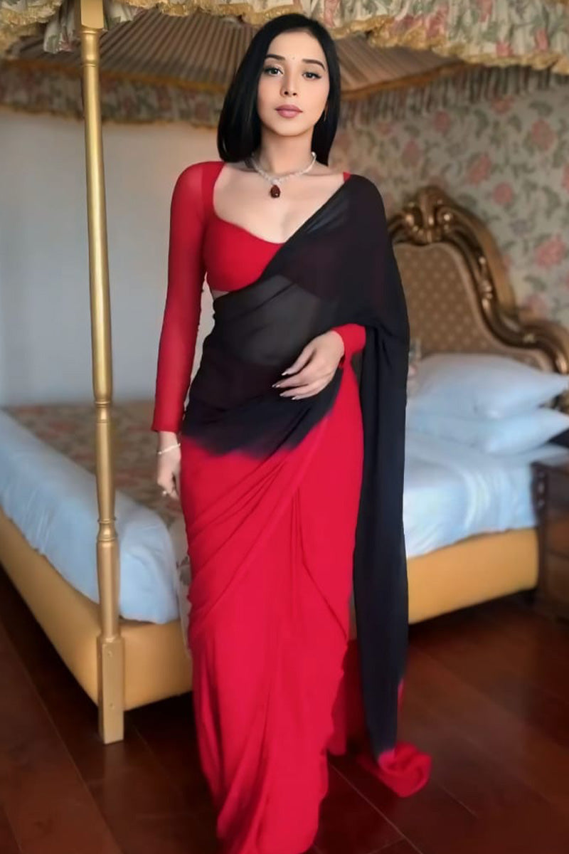 Ravishing One Minute Ready To Wear Red And Black Georgette Saree