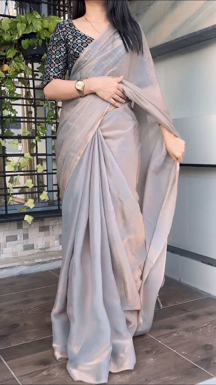 Gilded Grey Fancy Silk Saree With Blouse Piece