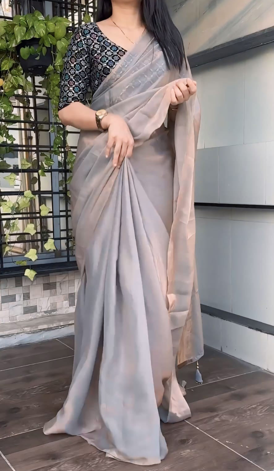 Gilded Grey Fancy Silk Saree With Blouse Piece